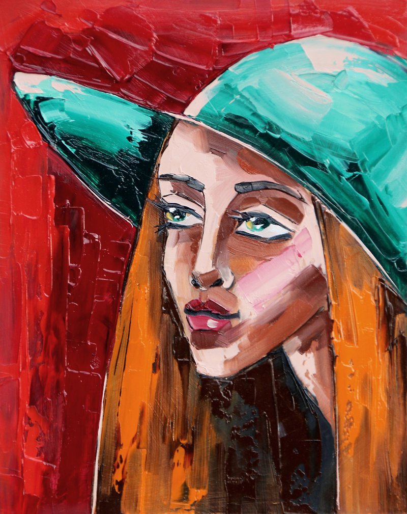 Woman Hat Painting Girl Face Original Art Impasto Artwork Smal Oil Wall Art - Posters - Other Materials Red