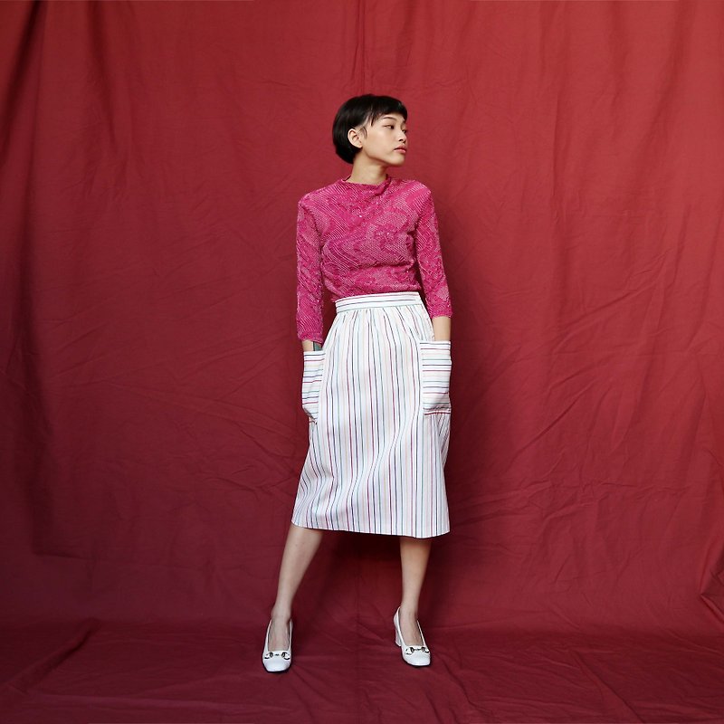 Pumpkin Vintage. Ancient colorful striped double pocket skirt - Skirts - Cotton & Hemp White