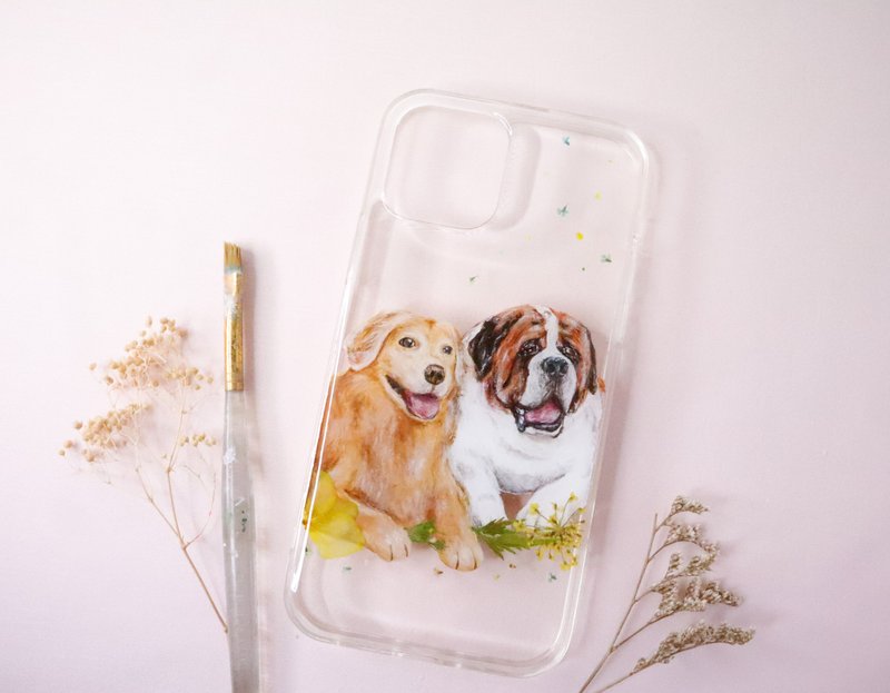 客製化手繪寵物押花手機殼 | 狗狗 金毛尋回犬 聖班納犬 - 手機殼/手機套 - 植物．花 橘色