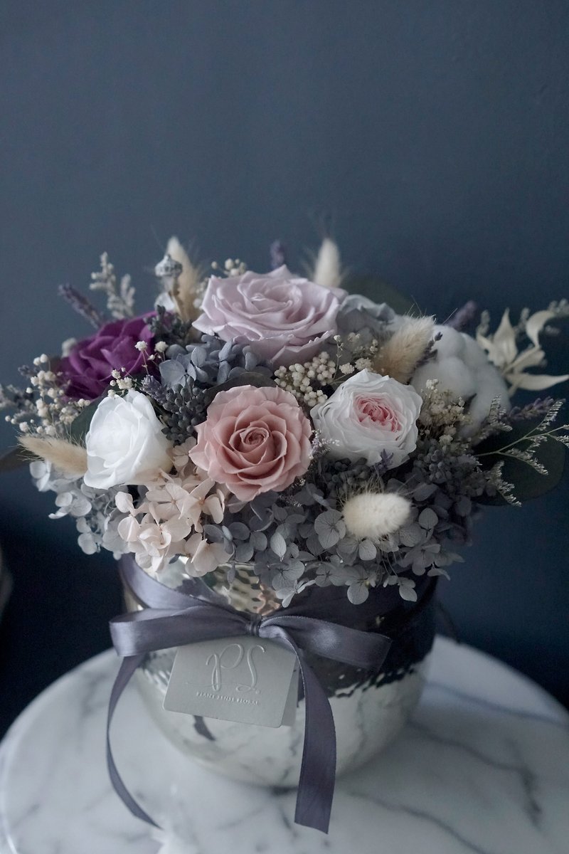 リチャード・黄ミスティはアジサイの花を不死化/プリザーブドフラワーは、テーブルの花の23x25cmの花束ピンク色排他受注/ラベンダー/ローズスモーク - 花瓶・植木鉢 - 寄せ植え・花 