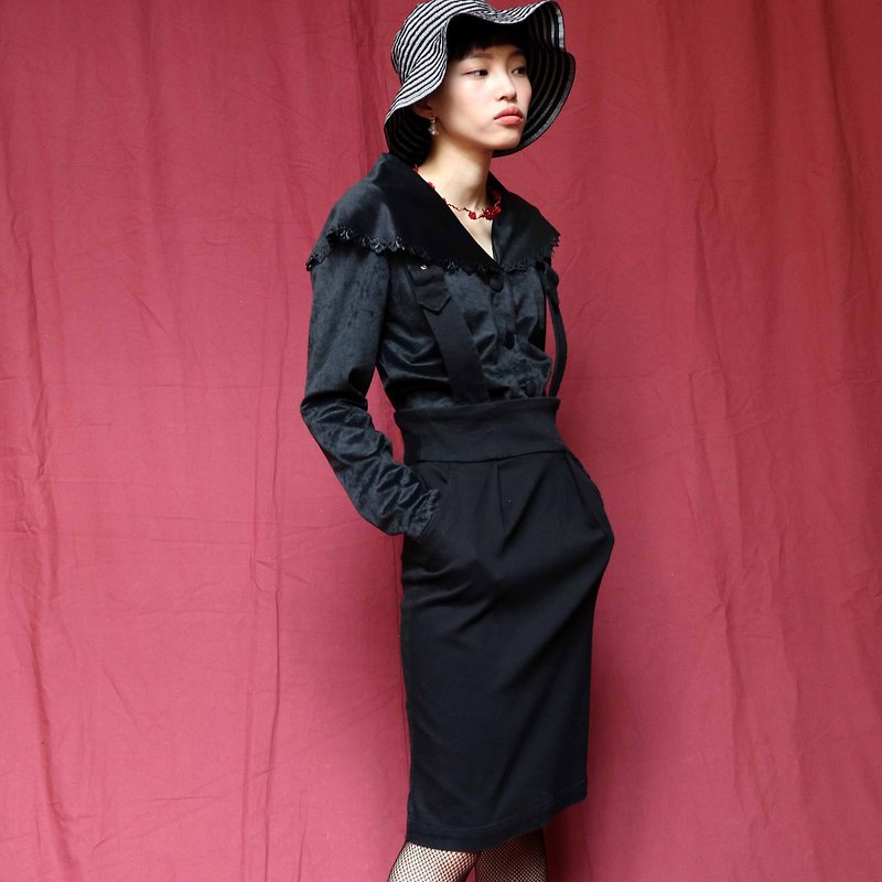 Pumpkin Vintage. Ancient black high waist dress - Skirts - Cotton & Hemp Black