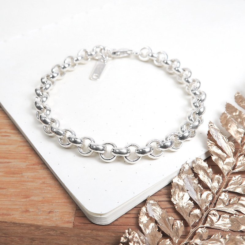 Classic Thick Small Round Bracelet Silver and White (5.5mm Wide Chain) 925 Sterling Silver Lettering Bracelet ART64 - สร้อยข้อมือ - เงินแท้ สีเงิน