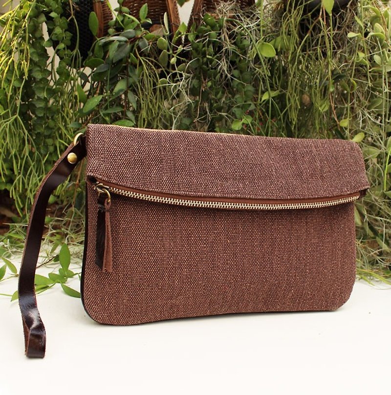 Canvas Clutch with Cow Leather Strap&Hem - Red Brown Color + Dark Brown Cow Leather Strap / Cotton Bag / Canvas Bag / Clutch / Wallet - Other - Cotton & Hemp 