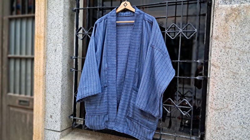 AMIN'S SHINY WORLD 水洗丹寧藤編提花 KIMONO - 男夾克/外套 - 棉．麻 藍色