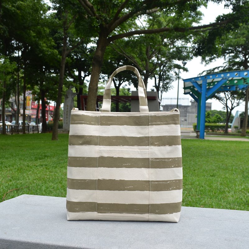 Ocean Wind Stripe-Brown Handbag / Side Backpack / Crossbody Backpack Hand Made Simple Canvas - ショルダーバッグ - コットン・麻 ブラウン