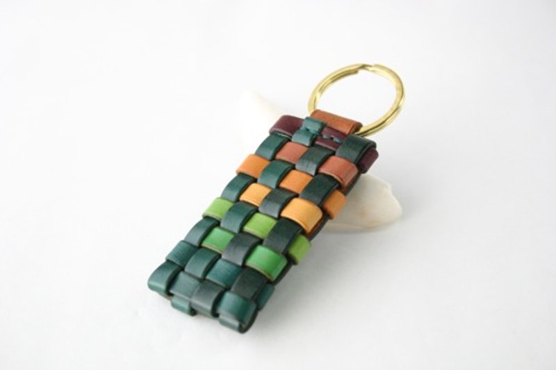 Hand-dyed leather style keychain, double ring type 24 - ที่ห้อยกุญแจ - หนังแท้ สีเขียว