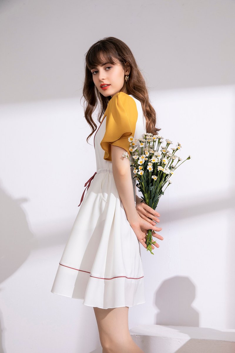 Casual round neck piping color block dress--Qiang yellow--lining - One Piece Dresses - Polyester Orange