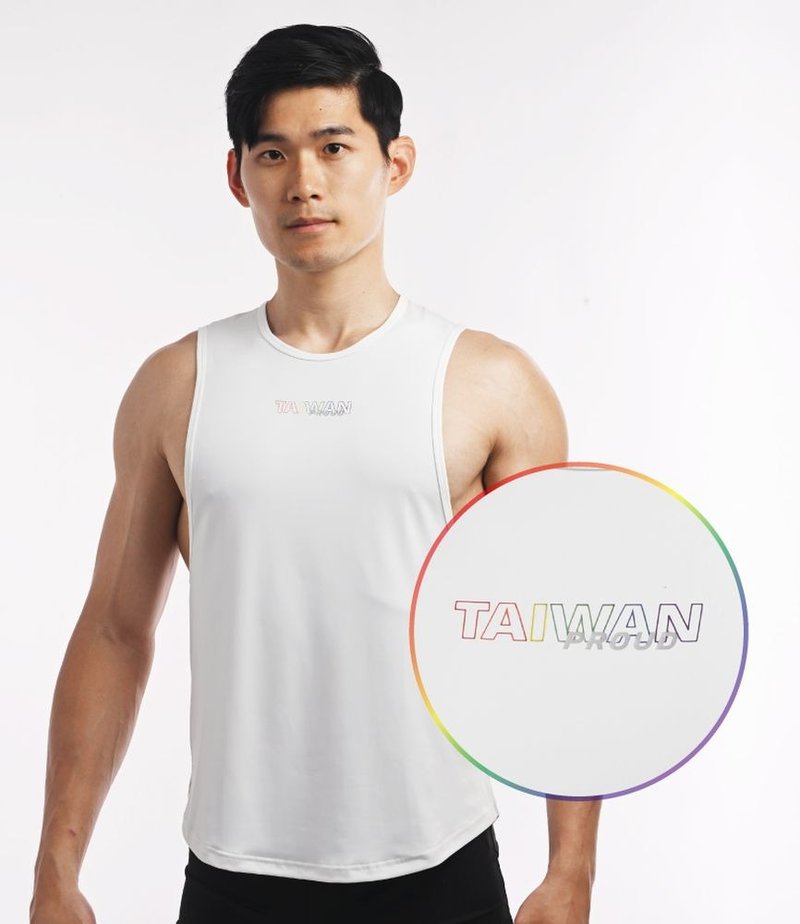 (2色)【彩虹限定】超彈力透氣 TAIWAN Proud 涼感機能運動背心-白 - 男背心 - 聚酯纖維 白色