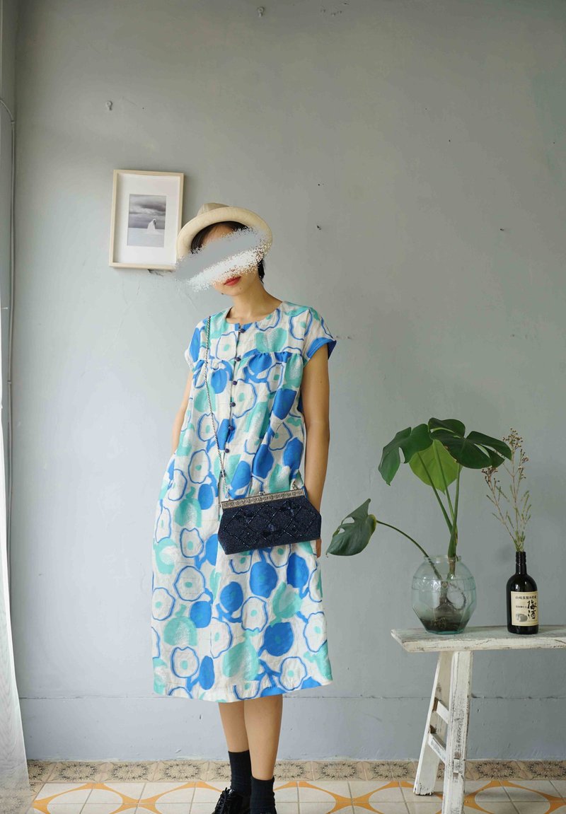 Design hand-made - Nordic style jacquard print cool feeling sky blue with sleeves round neck umbrella version one-piece dress - One Piece Dresses - Polyester Blue