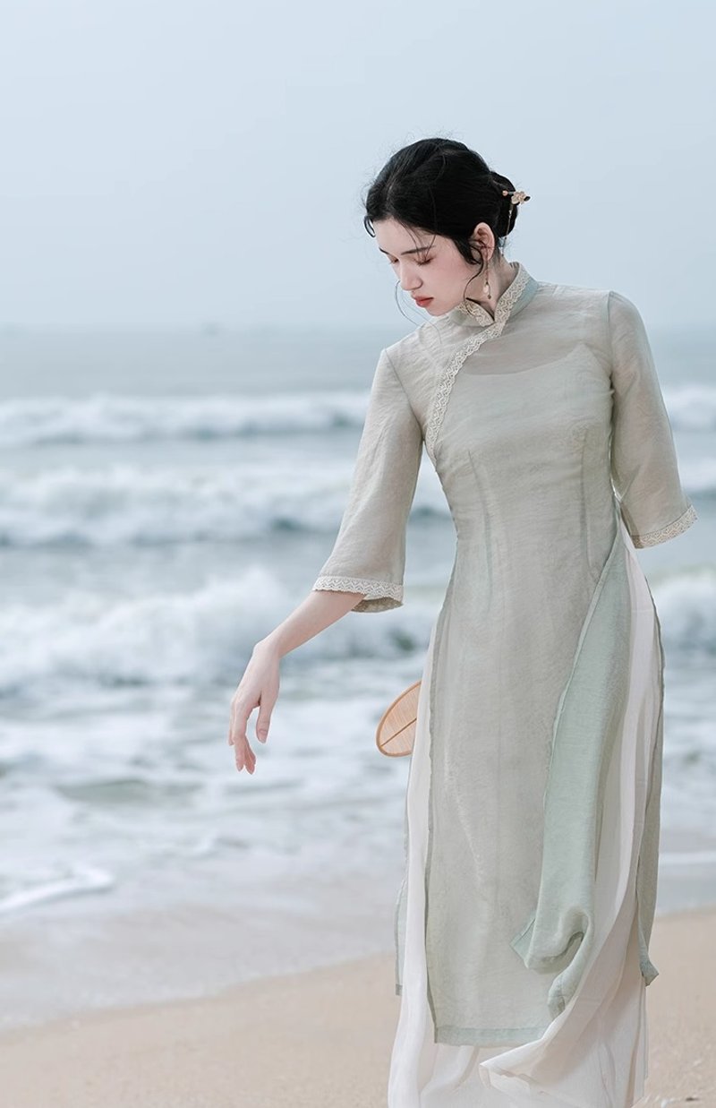 聲聲慢 改良奧黛旗袍 民國風連身裙茶服 - 洋裝/連身裙 - 其他材質 綠色
