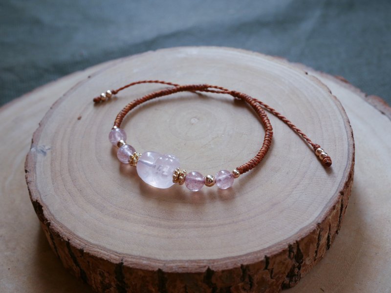 Special offer SS23~Powder Quartz I Strawberry Quartz l South American Wax Thread l Handmade Knitting l Pixiu Bracelet - Bracelets - Crystal Pink