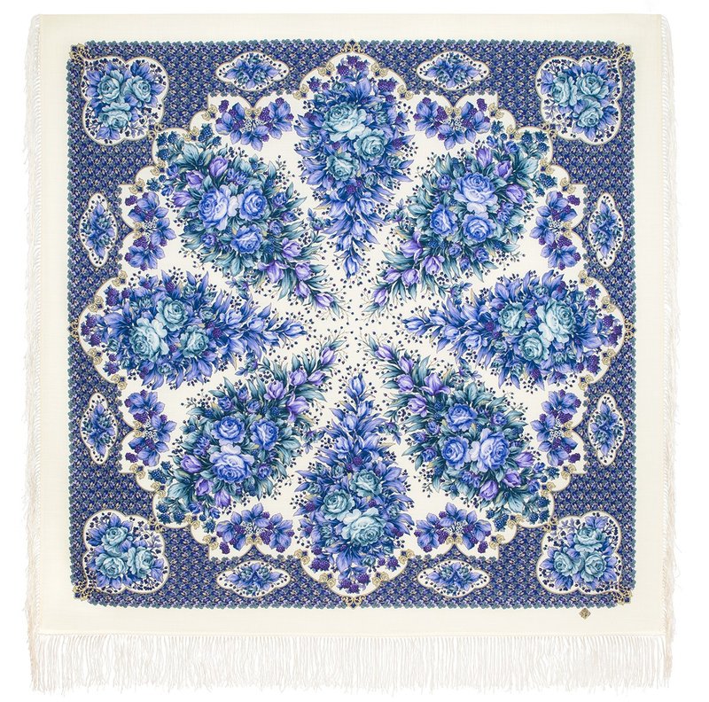 Pavlovo Posad Russian Shawl 100% Wool Scarf 125x125 cm Wrap Silk Fringe 2057-0 - 絲巾 - 羊毛 白色
