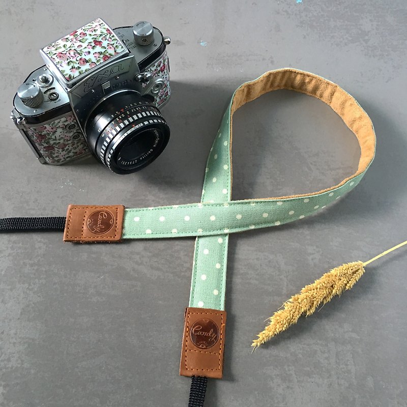 Green Polkadot Mirrorless camera Strap - 菲林/即影即有相機 - 棉．麻 綠色