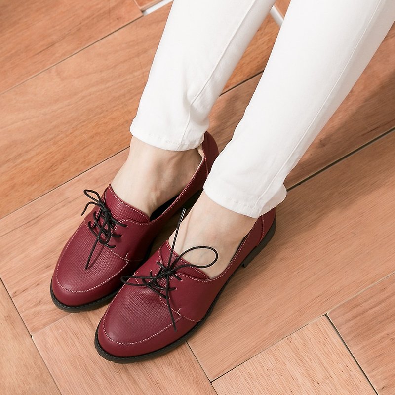 Maffeo 牛津鞋 復古壓紋綁帶美國進口牛皮粗跟牛津鞋(3460紅色) - 女款牛津鞋 - 真皮 紅色