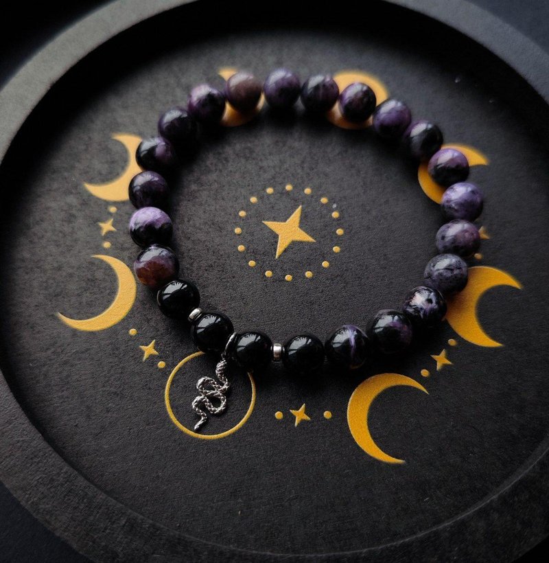 Charoite Bracelet - Silver Snake Charm, Black Tourmaline Beads - 手鍊/手環 - 半寶石 紫色