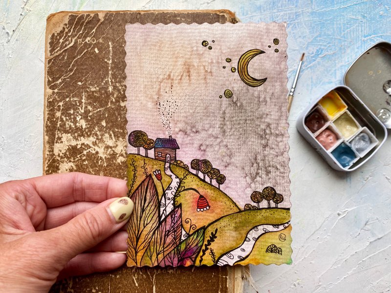 Landscape painting Small original art Miniature watercolor Dream artwork - 海報/掛畫/掛布 - 紙 卡其色