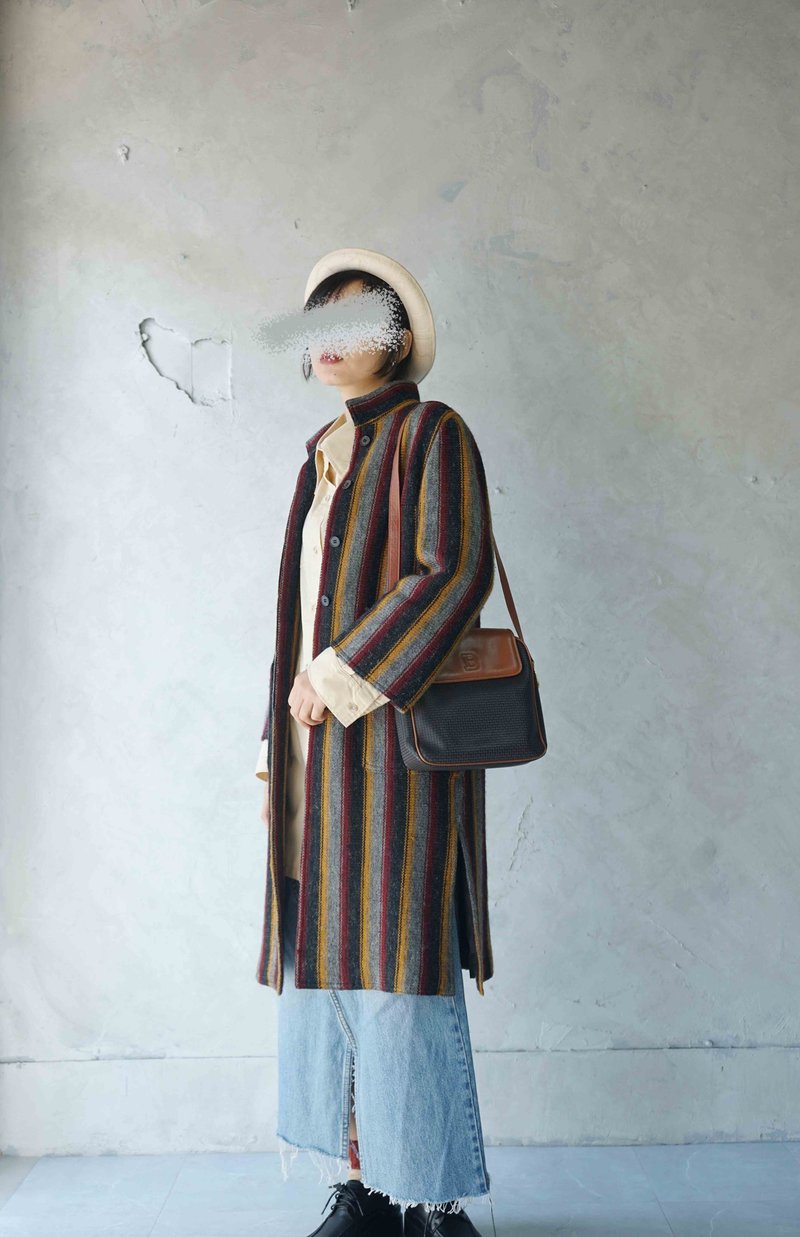 Treasure Hunt Vintage - Folk-inspired Deep Gray Striped Weave Stand-Collar Coat Jacket - Women's Casual & Functional Jackets - Polyester Gray