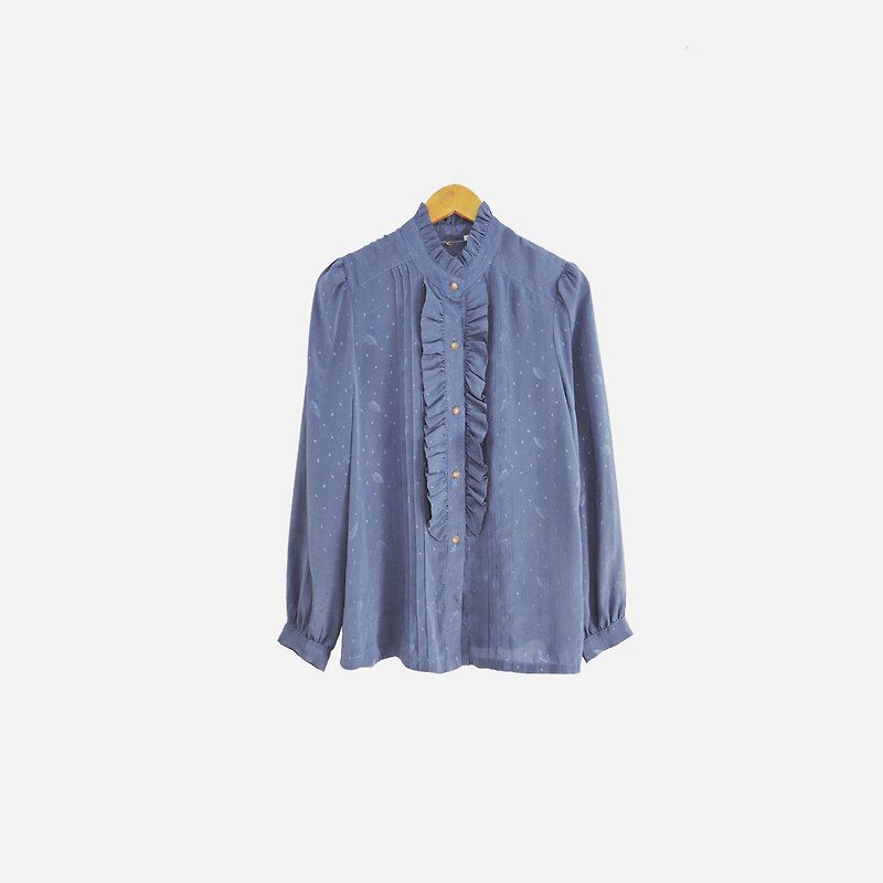 Dislocation vintage / lotus leaf collar long sleeve shirt no.611 vintage - เสื้อเชิ้ตผู้หญิง - เส้นใยสังเคราะห์ สีน้ำเงิน