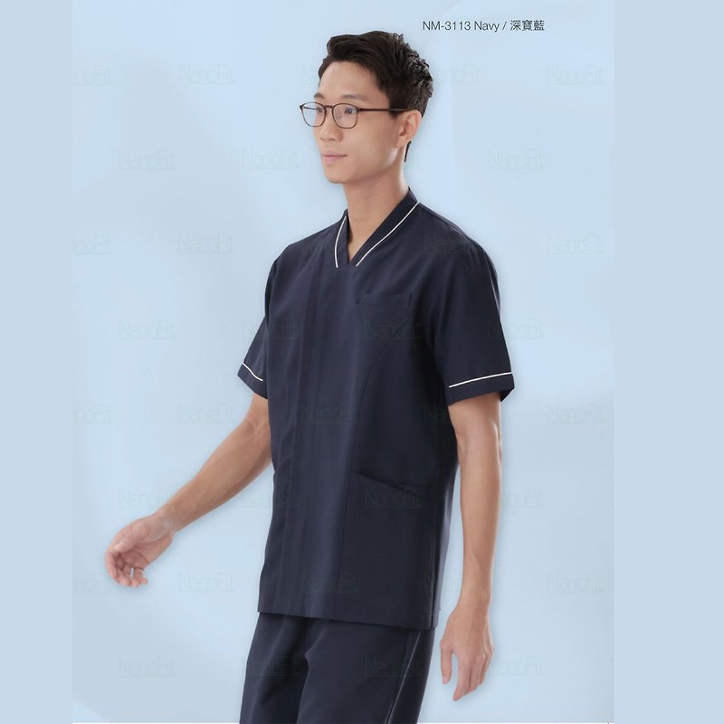 聚酯纖維 男 T 恤 藍色 - 防靜電納米抗菌護士護理員短袖上衣醫美診所制服NM3113