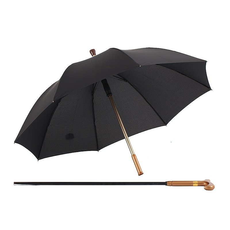 【德國kobold】抗UV-雙傘骨輕巧開收-人體工學手把-防滑抗強風拐杖傘-曜石黑 - 雨傘/雨衣 - 其他材質 黑色