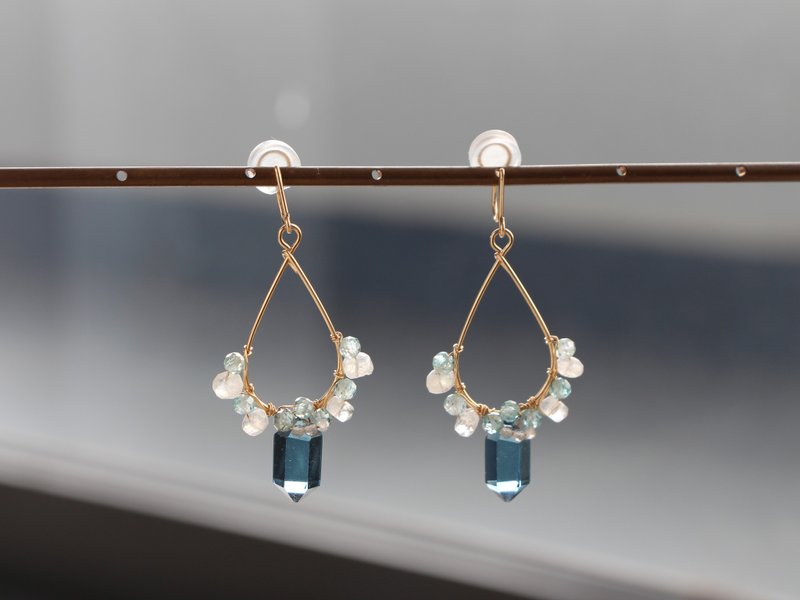 14kgf-twilight blue jewel drop pierced earrings/can change to clip-on - 耳環/耳夾/耳骨夾 - 其他金屬 藍色