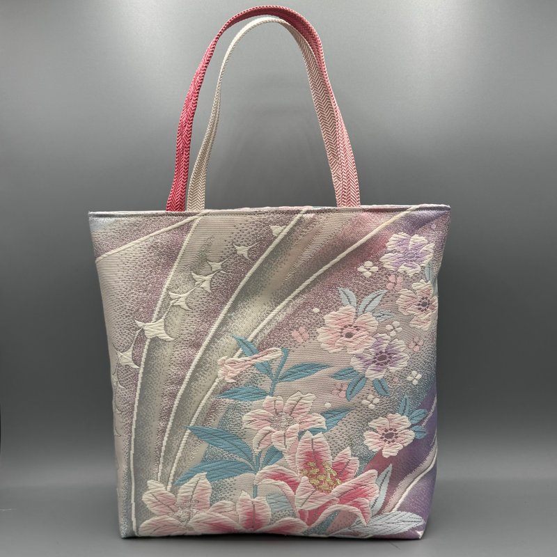 着物 帯 帯締め ハンドメイド トートバッグ リメイク ピンク 百合 - 手提包/手提袋 - 絲．絹 粉紅色