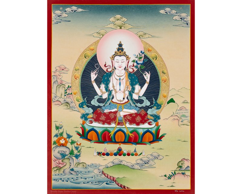 Chenrezig Bodhisattva Thangka – Handmade Tibetan Spiritual Art -B07072 - Wall Décor - Other Materials 