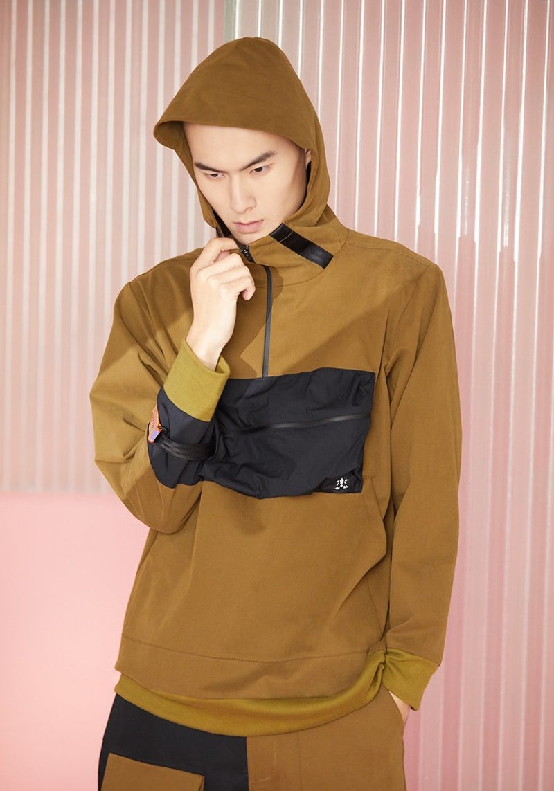 フード付き撥水ポケット トップ - オリーブグリーン - Tシャツ メンズ - コットン・麻 グリーン