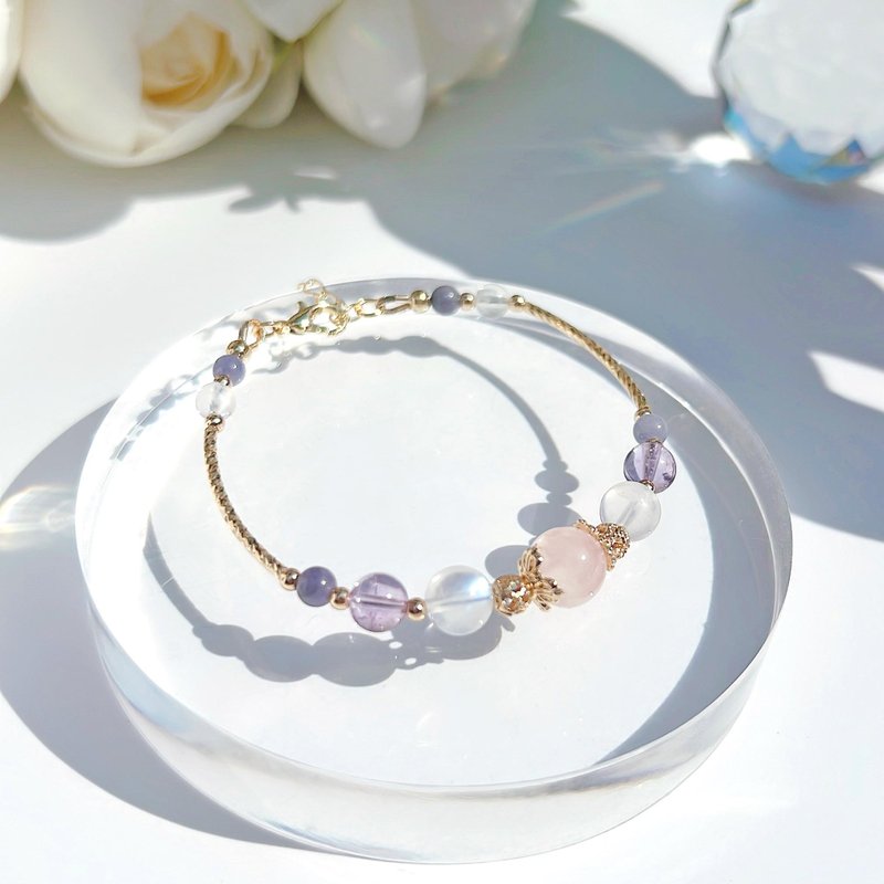 Rose quartz, moonstone, amethyst, Stone, 14K gold-filled crystal bracelet | Love luck, luck in popularity - สร้อยข้อมือ - คริสตัล หลากหลายสี