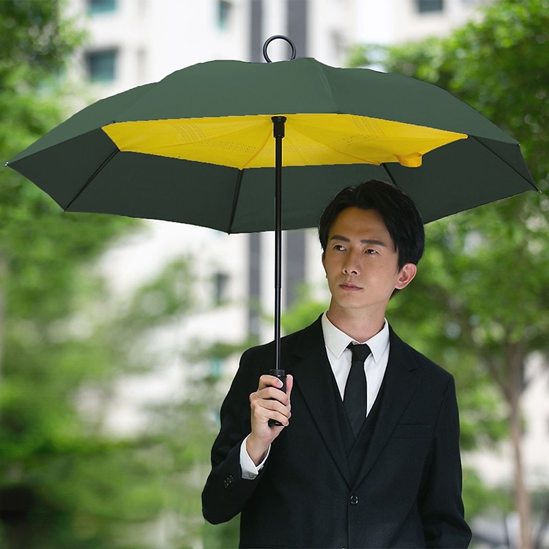 Beautiful and durable [Reverse Umbrella - Green Surface and Yellow Bottom] Quickly folding reverse rain-containing, wind-proof and splash-proof large umbrella - ร่ม - วัสดุกันนำ้ สีเขียว