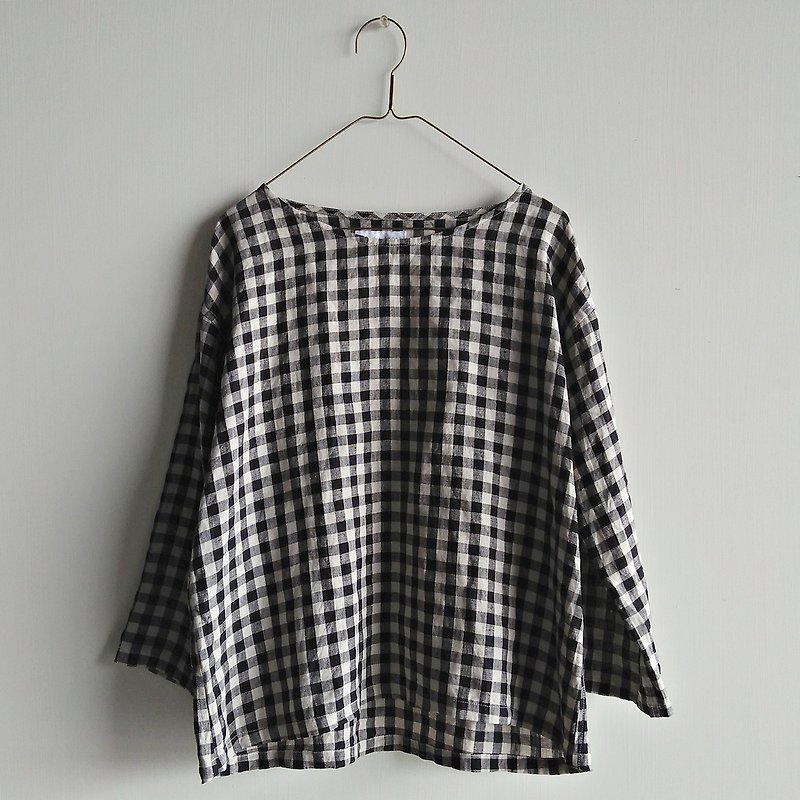 Linen 3/4 sleeve shirt Linen rice bottom black plaid/beige blue plaid - Women's Tops - Cotton & Hemp Multicolor