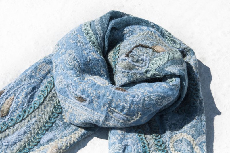 Boiled wool shawl / knit scarf / embroidered scarf / cashmere shawl / Kashmir Cashmere - blue - Knit Scarves & Wraps - Wool Blue