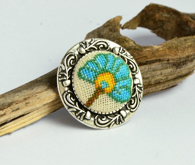 Turquoise flower embroidered brooch, Cross stitch floral jewelry - Brooches - Thread Blue
