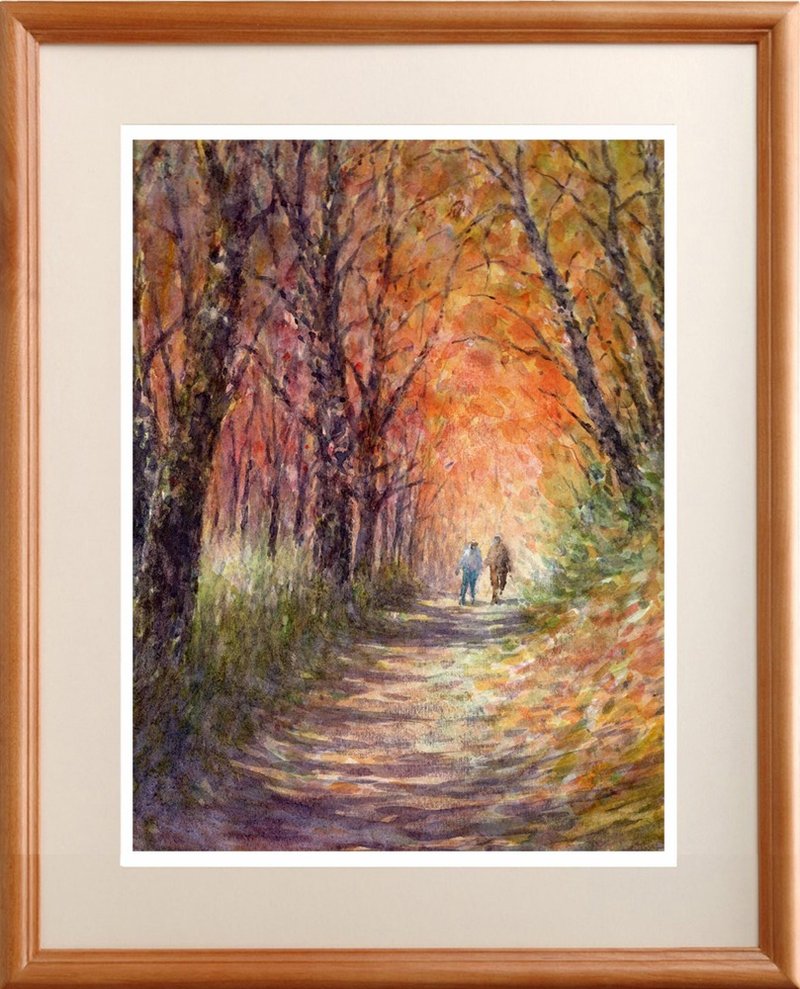 水彩画原画　紅葉の小道 - 海報/掛畫/掛布 - 紙 橘色
