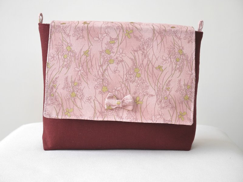 [Pink fine flower + wine red bag chain bag] - กระเป๋าแมสเซนเจอร์ - ผ้าฝ้าย/ผ้าลินิน สึชมพู