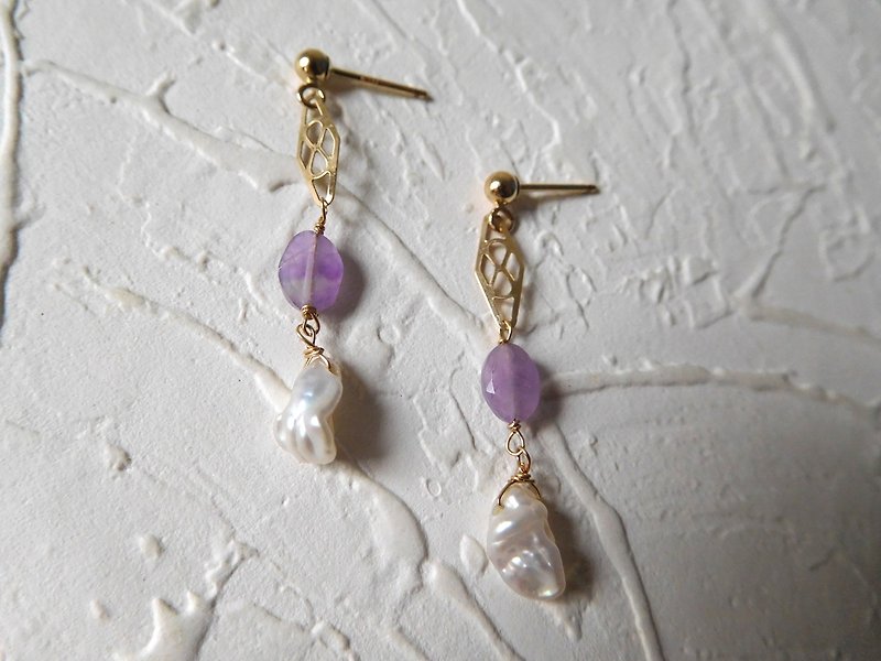 包14k金簍空紫色寶石珍珠耳環 - 耳環/耳夾 - 寶石 紫色