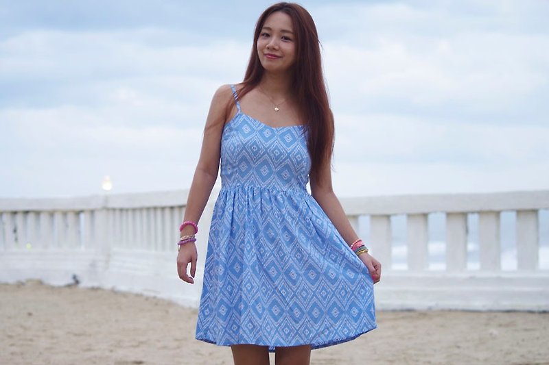 2017 Summer New! Ikat print dress <light blue> - ชุดเดรส - วัสดุอื่นๆ สีน้ำเงิน