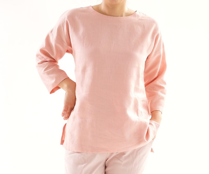 Linen crew neck side slit drop shoulder / rose soapon t001g-rsm2 - Women's Tops - Cotton & Hemp Pink