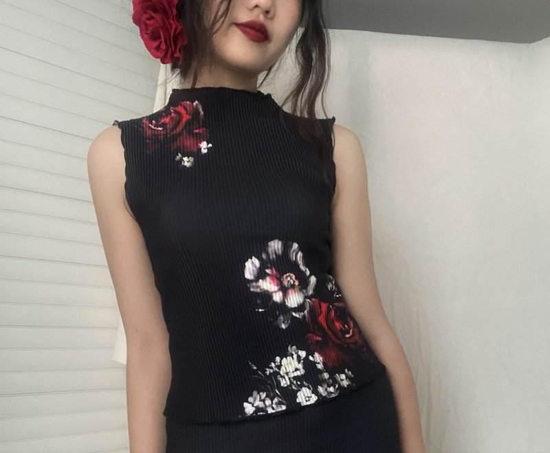 European retro mid-length temperament new Chinese style pleated black flower spring and summer two-piece suit - Other - Polyester Black