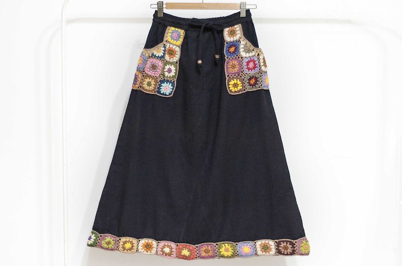 Knitted woven pocket dress / ethnic skirt / flower cotton skirt / plant dyed skirt - rainbow flower forest - Skirts - Cotton & Hemp Black