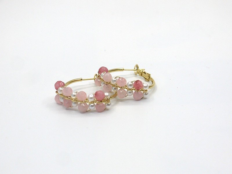 櫻花 彩色粉紅玉髓珍珠圓形耳環 耳夾 - 耳環/耳夾 - 寶石 