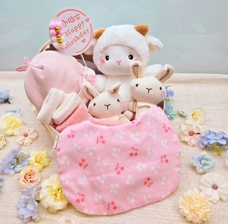 Cherry cradle full moon gift/full moon gift box/birthday/newborn/gift/saliva towel - ผ้ากันเปื้อน - ผ้าฝ้าย/ผ้าลินิน สึชมพู