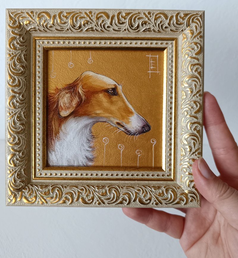 獵狼犬油原框金畫狗藝術 10*10 厘米 - 壁貼/牆壁裝飾 - 其他材質 金色