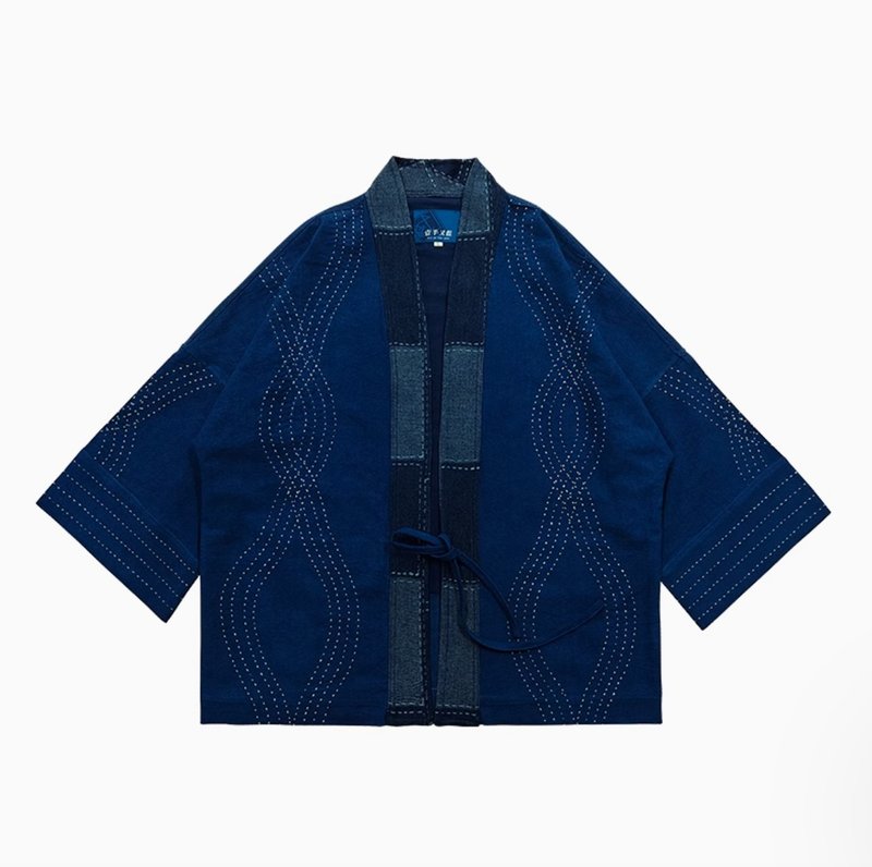 Life Retro Sashiko Embroidery Taoist Robe Jacket - Men's Coats & Jackets - Other Materials Blue