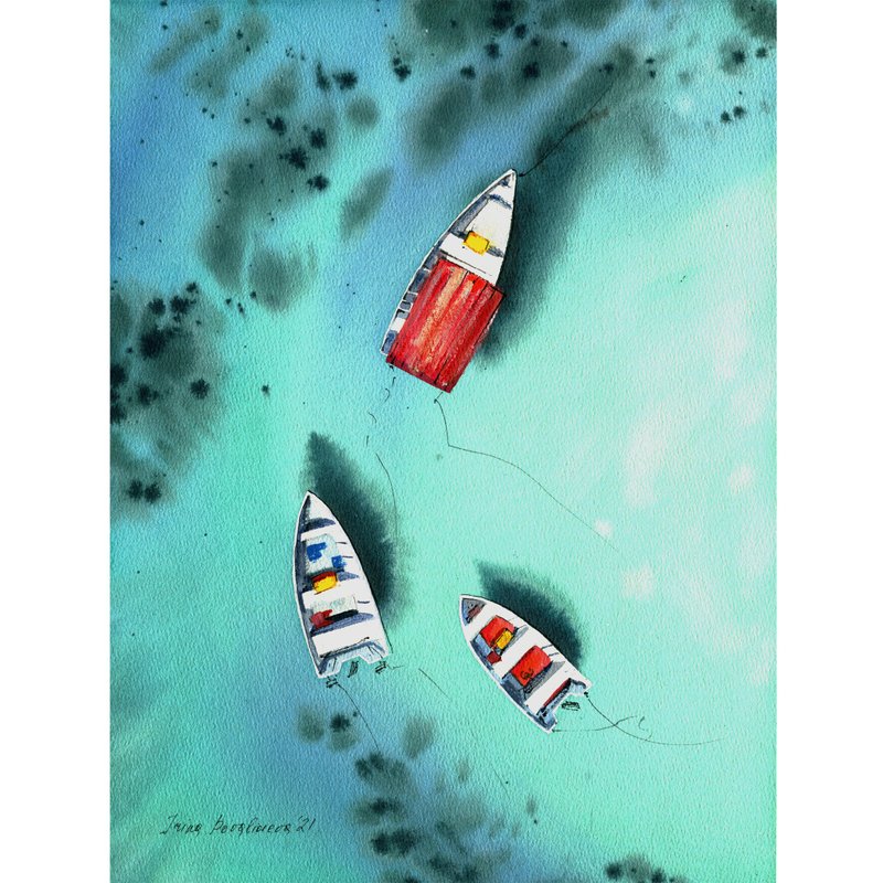 Boats near the reef original watercolor ocean painting, beach wall art - 壁貼/牆壁裝飾 - 紙 多色