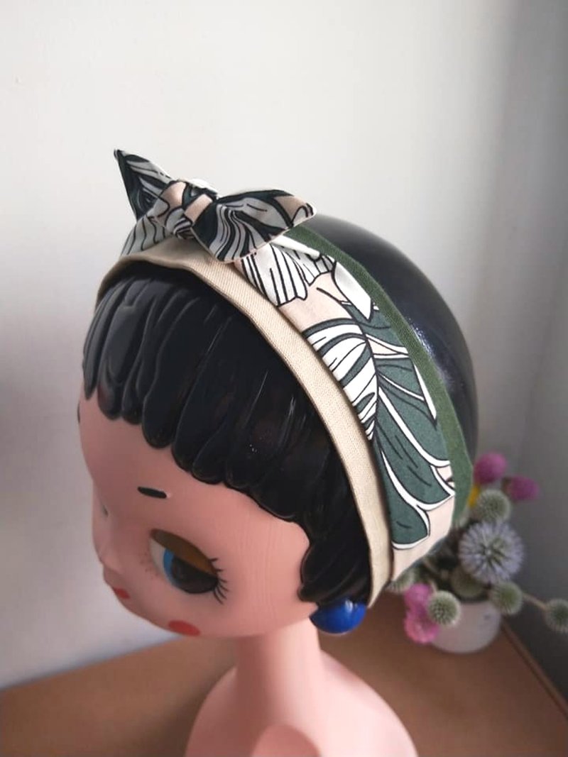 雙層髮帶-細版-仲夏棕櫚葉-卡其 - 髮夾/髮圈 - 棉．麻 多色