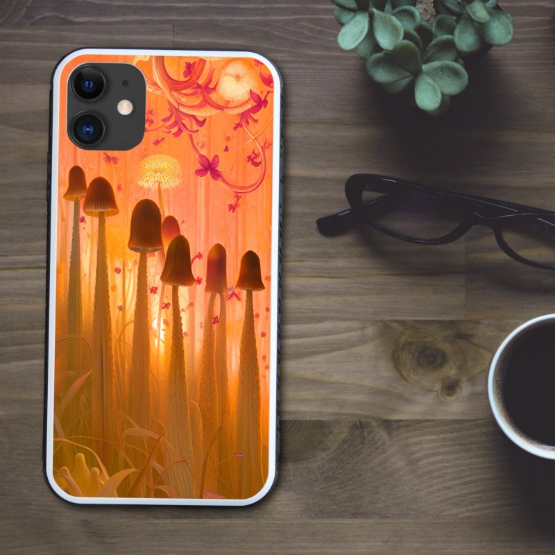 Mysterious and cute mushrooms arranged rhythmically Smartphone case [Tempered glass finish] Compatible with iPhone 16 - เคส/ซองมือถือ - พลาสติก หลากหลายสี