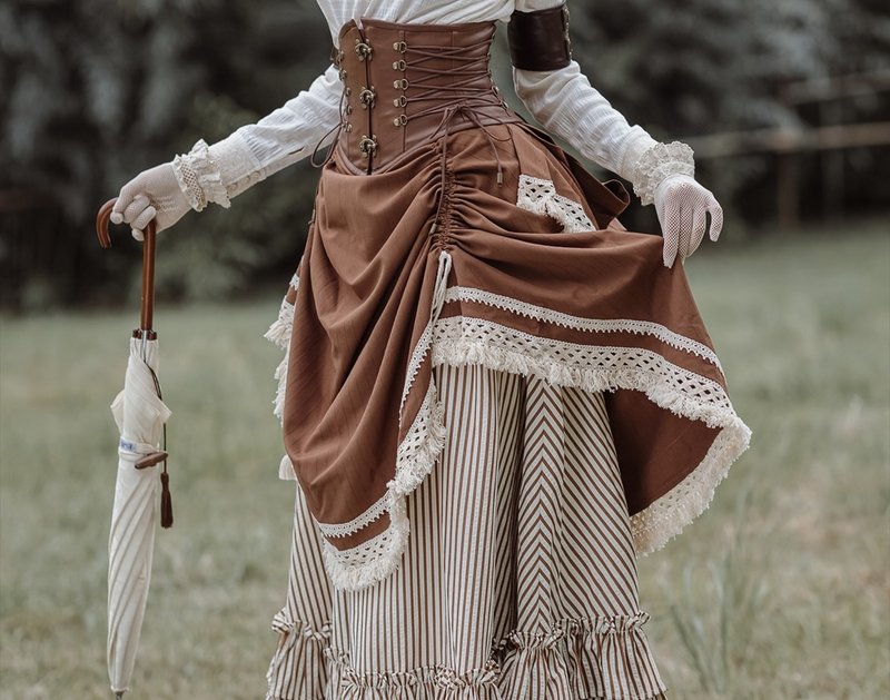 Steampunk Gothic Retro Striped Tassel Basil Long Skirt - กระโปรง - วัสดุอื่นๆ สีนำ้ตาล