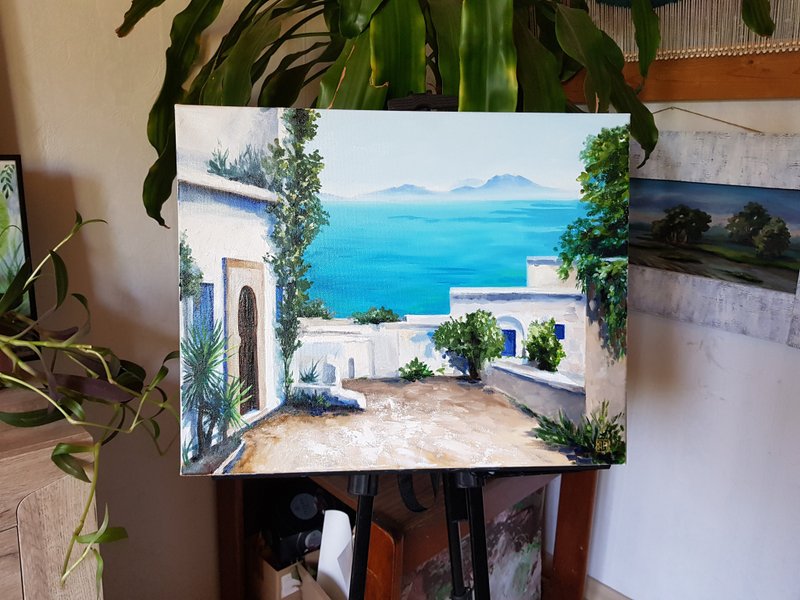 Original cute Landscape Sea town artwork hand painted oil painting - 壁貼/牆壁裝飾 - 其他材質 