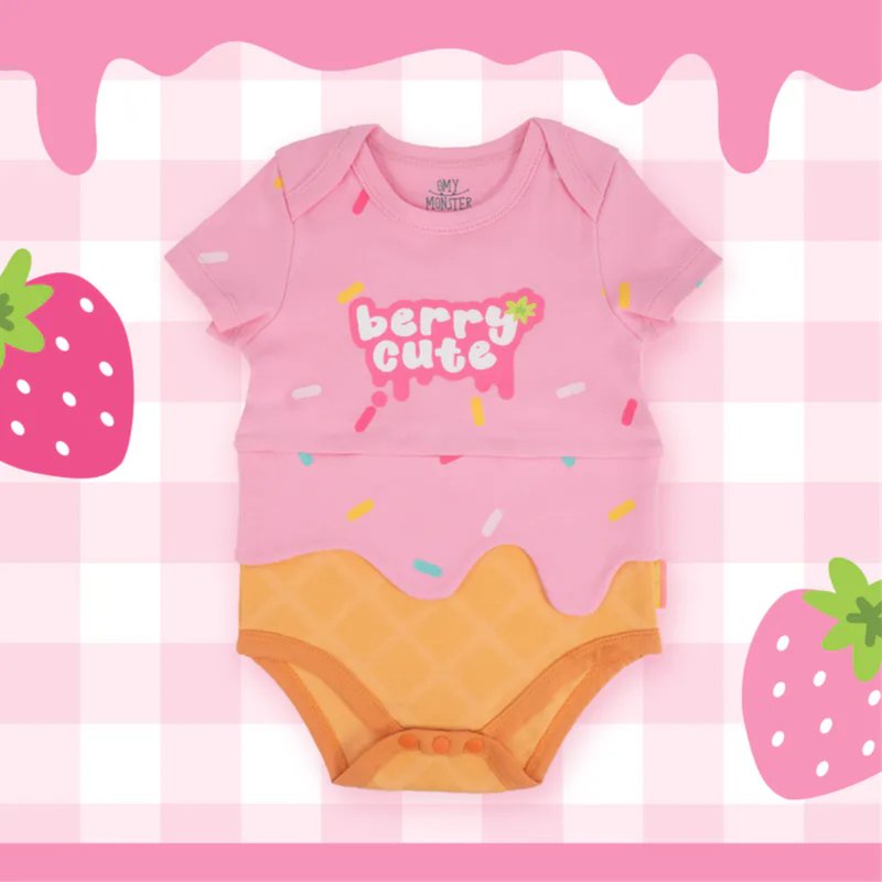 Berry Cute 短袖包屁衣 - 包屁衣/連身衣 - 棉．麻 粉紅色